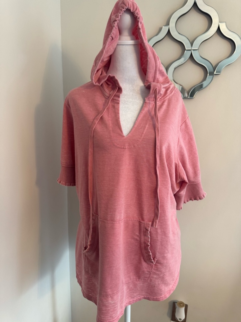 Washed Pink Hooded Short-Sleeve Tunic Top